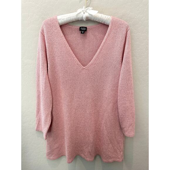 EILEEN FISHER | Plus Size Pink Silk Blend Sweater V-Neck 3/4 Sleeve | 1X - Picture 1 of 7